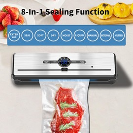 Vacuum Sealer for Food, Double-Sealed,Dry,Wet,Liquid Modes, Compact Design with LED Display,8-In-1 Multifunctional Stainless Steel Kitchen Vacuum Sealer