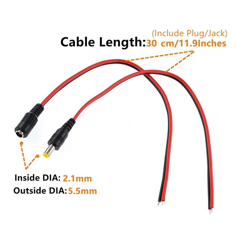 Oiyagai 20pcs DC Power Pigtail Cable 12V 5A Male for