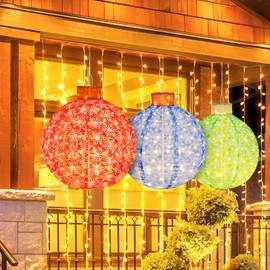 Tangkula Christmas Lighted Pop up Ornaments Set of 3, Outdoor Xmas Lighted Hanging Lanterns with Warm White LED Lights, Indoor/Outdoor Pre-lit 3 Colors Lanterns Decoration for Yard Garden Porch