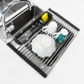 Dolreiik Roll Up Dish Drying Rack Over The Sink, 304 Stainless Stee Dish Drainer, Foldable & Adjustable Sink Drying Rack for Kitchen Sink Counter with Utensil Holder (Black, Expandable)