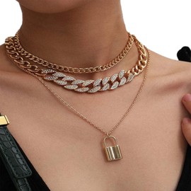 Yienate Multilayer Lock Necklace Choker Sparkling CZ Chunky Cuban Chain Lock Pendant Gold Statement Punk Layered Choker Necklace for Women Girls