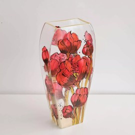 Handmade Hand-Painted Glass Vase "Red Poppy with Rhinestones" | Elegant Decorative Vase