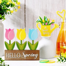 Jetec 5 Pcs Spring Summer Tiered Tray Decor Set Hello Spring Hello Summer Wooden Sign Sunglasses Tulip Wood Decor Table Decorations Centerpieces for Home Holiday Beach(Tulip)