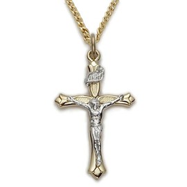 TrueFaithJewelry 14KT Gold Plated Sterling Silver Jesus Crucifix Cross Pendant Two-Tone Necklace Religious Jewelry, 7/8 Inch