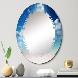 DesignQ Nautical & Beach wall mirror, Oval Nautical & Coastal mirror, Round Blue bathroom mirror, Coastal Beach vanity mirror Caribbean Sea with Sandy Shore II printed mirror decor, oval mirror 20x30