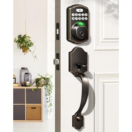 Veise Fingerprint Door Lock Set, Keyless Entry Door Lock, Front Handle Set, Electronic Keypad Deadbolt with Lever Handle, 2 Keys, Auto-Locking, One-time Codes, Easy to Install, Oil Rubbed Bronze