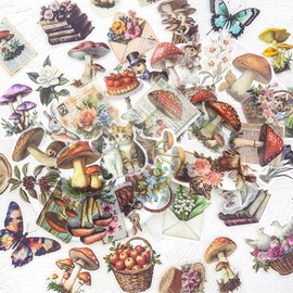 YOKSAS 50PCS Vintage Nature Mushroom Clear Scrapbook Stickers – Retro Botanical Fairycore Stickers for Journaling, Planners, Crafts, Cards & Art Projects