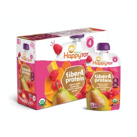 Happy Tot Organics Fiber & Protein Pouch Stage 4 Pears Raspberries Butternut Squash & Carrots, 4 Ounce Pouch (8 Pack)