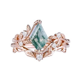 DONGHU 1ct Kite Shape Natural Moss Agate Engagement Ring Set Size 4 Sterling Silver Rose Gold Plated Moss Agate Ring Set Leaf Green Moss Agate Unique Bridal Wedding Ring Set for Women