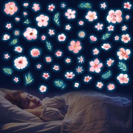 Glow in The Dark Boho Flower Wall Decals，Glowing Luminous Pink Watercolor Flower Wall Stickers Removable self-Adhesive Wildflower Decals for Girls Bedroom Kids Baby Nursery Living Room Decor
