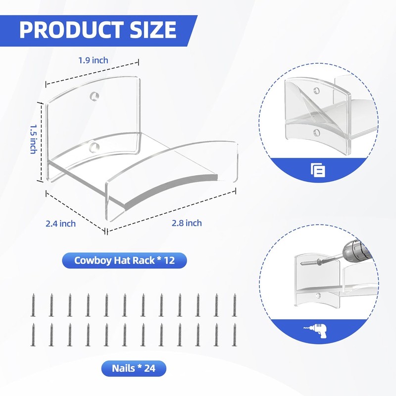Cowboy Hat Rack(12Pack) - Wide Brimmed Organizer - Strong Adhesive