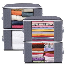 90L Clothes Storage Bags with Zips, Super Large Capacity, Thick Foldable Clothing Storage Bags Organizer, Reinforced Handle, for Clothes, Comforters, Bedding, Blankets (4 Pack)