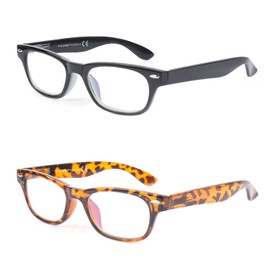 EYE ZOOM 2 Pack Unisex Blue Light Horn Rimmed Reading Glasses with Case, Black and Amber, +1.50