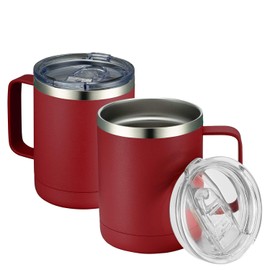 MEWAY - Taza de café de 12 oz con asa, paquete de 2 a granel, vasos de viaje aislados de acero inoxidable con tapa deslizante, taza de camping al vacío de doble pared (Rojo, Juego de 2)