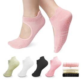 HEQU 4 Pairs Pilates Socks Non Slip Yoga Socks Grip Socks Cotton Grippy Socks with Grips Short Pilates Gym Socks with Women Girls Dance Barre Ballet Home Workout Sports Fitness Hospital