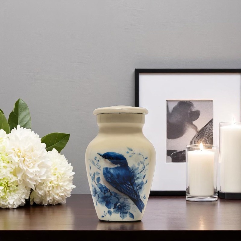 Small Urns for Human Ashes Keepsake Blue Bird White