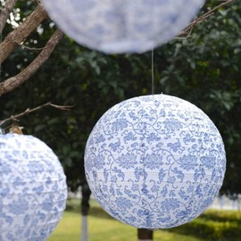 Tableclothsfactory Set of 8 White Blue Chinoiserie Floral Print Hanging Paper Lanterns, Chinese Festival Lanterns - 6",8",10",14" for Party & Decorations