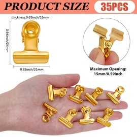 CRASPIRE 35Pcs Gold Bulldog Clips Binder Stainless Steel Metal Hinge Mini Clips Corkboard Hanging Pictures Paper Holder Organizers for Food Bags Photo Crafts Art File Clamps Office Home Kitchen(0.9in)