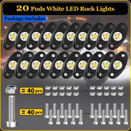 20 Pods White Rock Lights, Heefrole LED Rock Lights IP68 Waterproof Shakeproof Wide Angle Anti-Corrosion Pure White Rock Lights for Trucks Jeep UTV ATV SUV Boat Underglow Lighting Kit