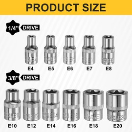 HARFINGTON 11pcs E-Torx Socket 1/4" 3/8" Drive External Torx Deep Socket CR-V 6 Point Spline Socket Star Female Bit Socket for Auto Repairs Home Maintenance DIY Hand-making