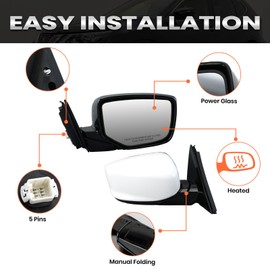 Right Passenger Side Mirror Compatible with Honda Accord 2008 2009 2010 2011 2012 Power Manual Folding Heated Door Mirrors White 5 Pins