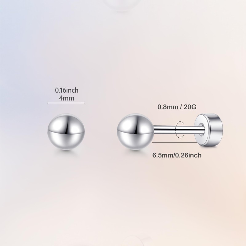 TitanHeart Hypoallergenic Titanium Screw Back Flat Back Ball Stud Earrings