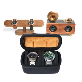 AUKURA 2 slot watch Roll Travel Case for men, Hard Zipper Organizer box for Large watch with anti-move watch pillow (Black 2slot microfiber lining)