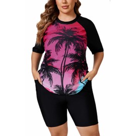 Halcurt Women Plus Size Swimwear with Shorts Rash Guard Short Built in Bra Sun Protection Palm 2X