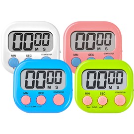 Kitchen Timer,4 Piece Multi-Function Electronic Timer,Magnetic Digital Timers Big LCD Display The Loud/Silent Switch Countdown Timer (Pink+Green+White+Blue(4 Pack))