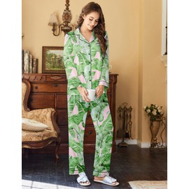 Ekouaer Womens Satin Pajama Set Classic Pattern Silky Pj Sets Button Down Sleepwear Loungewear,XX-Large,Pink palm leaves