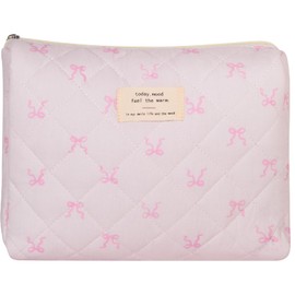 AMULOKRU Large Makeup Bag, Quilted Cosmetic Bag, Cotton Makeup Pouch,Floral Coquette Aesthetic Toiletry Bags, Travel Make Up Organizer Bag