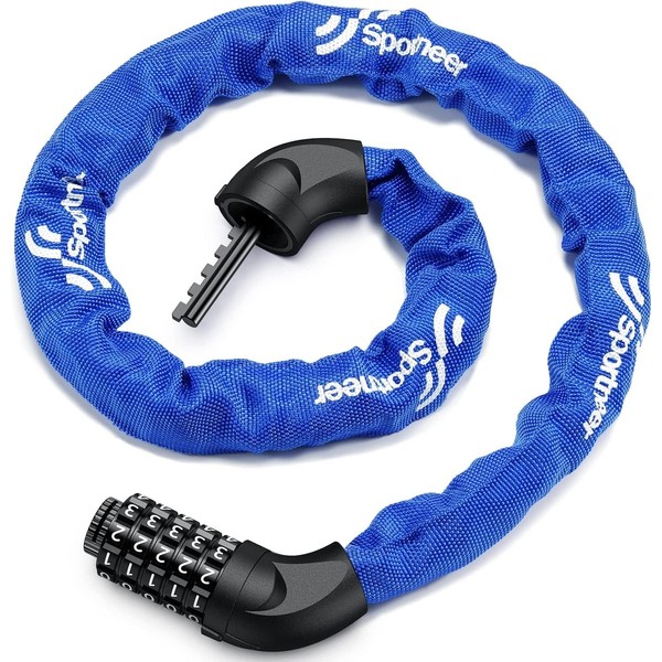 Sportneer Bicycle/Motorcycle Steel Chain Lock, Dial Lock, 0.2 inch (6 mm), 5-Digit Dial, Keyless, Customizable PIN, Anti-Theft, 47.2 inches (120 cm), 26.5 oz (750 g), Blue
