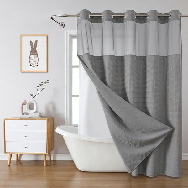 eachope Grey No Hook Waffle Weave Shower Curtain with snap-in