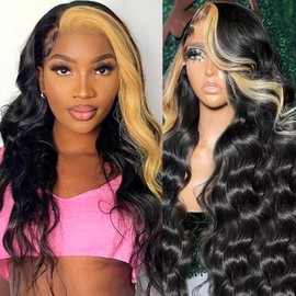 haha Honey Blonde Skunk Stripe Human Hair Wig Lace Front 1B/27 Light Brown Highlight Lace Front Wig Human Hair 13x4 Body Wave Frontal Wig Pre Plucked With Baby Hair Glueless 28 Inch 180% Density