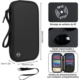 Porta Pasaporte Familiar 4 Personas con Bloqueo RFID, Gran Capacidad Oxford Impermeable Cordón de Transporte. Porta Pasaporte y Visa, Espacio para Tarjetas y Boletos. (Negro)