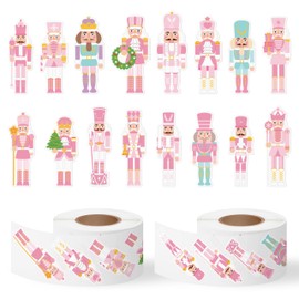 CNhoqc Christmas Nutcracker Sticker Rolls - 1000Pcs Pink Nutcracher Self-Adhesive Stickers, Water Bottles Book Luggage Decors for Kids Students Teens Adults, School Rewards Festival Gifts Party Favor