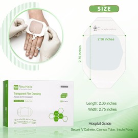 NeuHeils Transparent Film Dressing 2 3/8'' x 2 3/4'', 100 Pack, Waterproof Wound Cover Bandage, Clear IV Catheter Tape, Adhesive Patch, Shower Shield