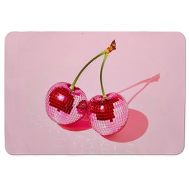 GOOZHO Pink Cherry Disco Ball Dish Drying Mat, Preppy Glam Cherries Coffee Bar Mat for Countertops, Pink Y2K Disco Absorbent Dish Drying Mats for Kitchen Counter Coffee Maker, 16x24 Inch