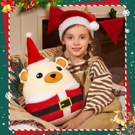 CozyWorld 12" Christmas Bear Soft Plush Pillow Santa Claus Stuffed Animals Squishy Pillows Gifts for Toddler Kids Girls Birthday Party Decrations,