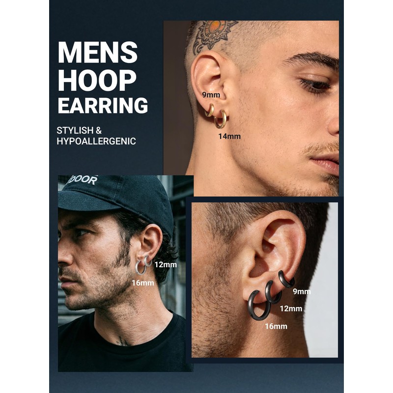 PROSTEEL Hoop Earrings for Men, 9mm Stainless Steel Small Silver