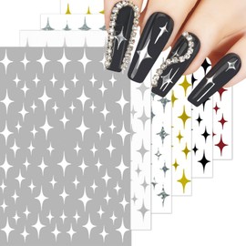 HNUIX Nail Stickers - Star 3D, Self Adhesive Nail Decals, Multi Colour, 6 Sheets, for Nail Art