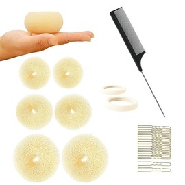 37pcs Beige Hair Bun Shaper Set - Styling Kit with 2 Large, 2 Medium, 2 Small Donut Buns, 10 Elastic Hair Ties, 20 Bobby Pins &1 Comb for Quick & Easy Hairstyles