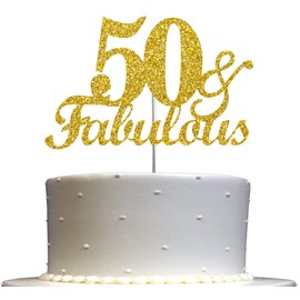 Fabulous & 50 Cake Topper Gold Glitter, 50th Birthday Party Decoration Ideas, Premium Quality, Sturdy Doubled Sided Glitter, Acrylic Stick. Made in USA