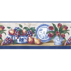 CONCORD WALLCOVERINGS ™ Wallpaper Border Fruits Pattern Apples Plums Grapes Tulips Pear for Kitchen Room, Green Blue Red Yellow Brown, 9 Inches by 15 Feet MM74658B