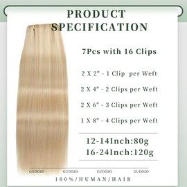 GUDOZO Clip-In Human Hair Extensions, 7 Pieces, 50 cm, 120 g, Invisible Clip Extensions, Human Hair Clip Extensions, Skin Weft Hair Extension (20 Inches, P18K/613#)