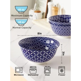 Metahom Large Salad Bowls, 48 Oz Serving Bowls for Soup, Pho, Pasta, Blue and White Ceramic Bowls for Kitchen, Set of 3, Microwave & Dishwasher Safe