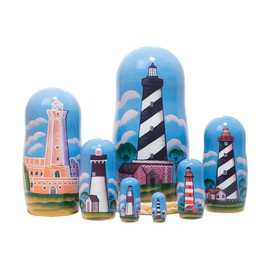 Golden Cockerel Lighthouses of America Nesting Doll 7pc./8" Nautical Shoreline Hand Carved Matryoshka
