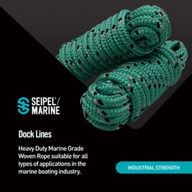 Seipel Marine Dock Lines 1/2 Inch – Double Braided Marine Rope – Heavy-Duty Boat Docking – UV & Abrasion Resistant – Marine-Grade with 10” Loop – Green with Black Tracer - 10 Foot