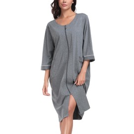 CF Women's 100% Cotton Zipper Robes 3/4 Sleeve Loungewear Knee Length Housecoat Lightweight Zip Up Nightgowns with Pockets(Dark Grey,2XL)