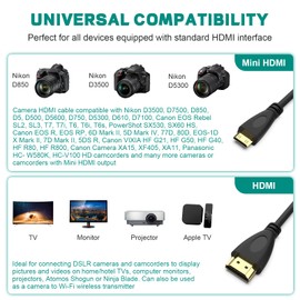 Mini HDMI to HDMI Cable Compatible with Canon EOS R, EOS RP, EOS 5D Mark IV, EOS 6D Mark II, for Nikon D3500 D3300 D7500 D850 D500, High-Speed HDMI Adapter Camera to TV Monitor HDMI Cord (3.3FT)